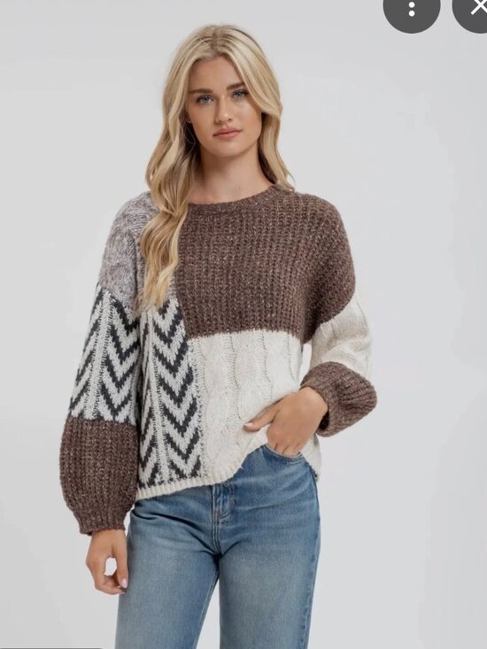 The Unbranded Brand Sweaters - Women's Xl Sweater Patchwork Cable Knit Pullover Balloon Sleeve Chevron Brown